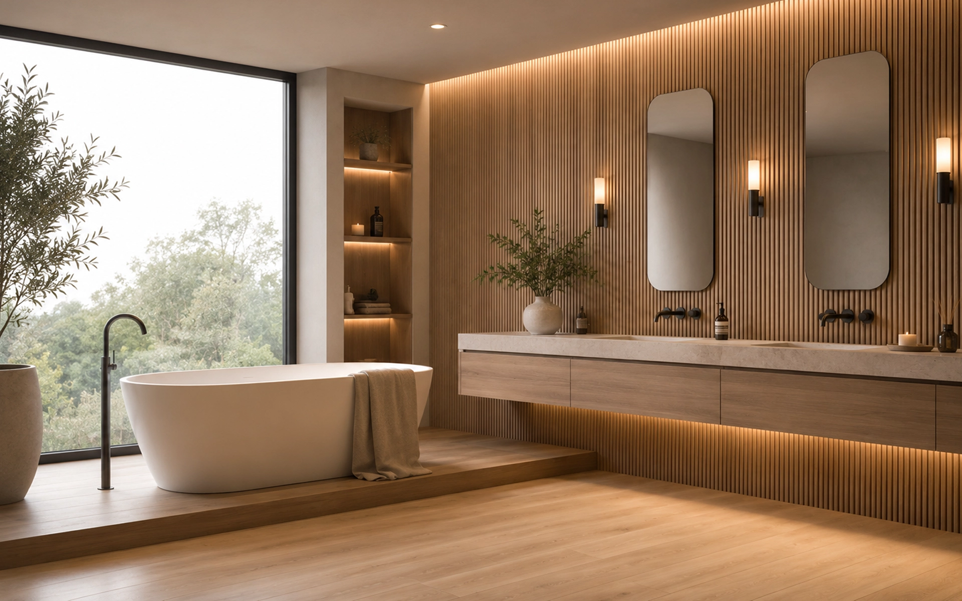 Dining interior with Tavolato Veneto wood flooring and furniture