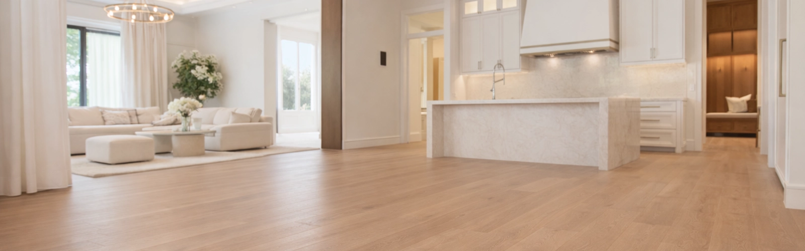 Kitchen interior with Tavolato Veneto wood flooring