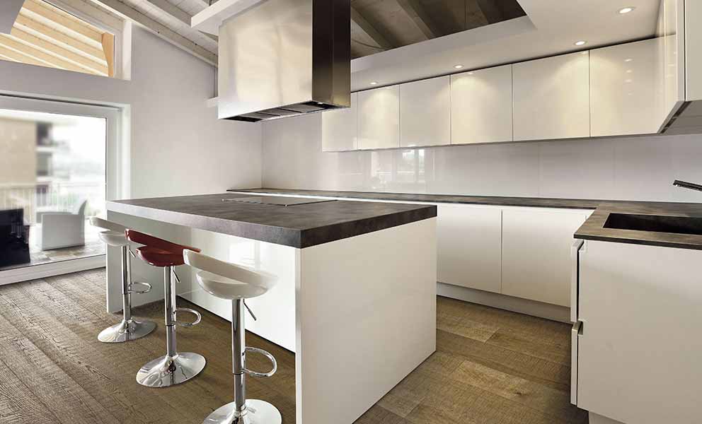 Kitchen with White Oak Saw Cut Italian Wide Plank Wood Flooring | Tavolato Veneto